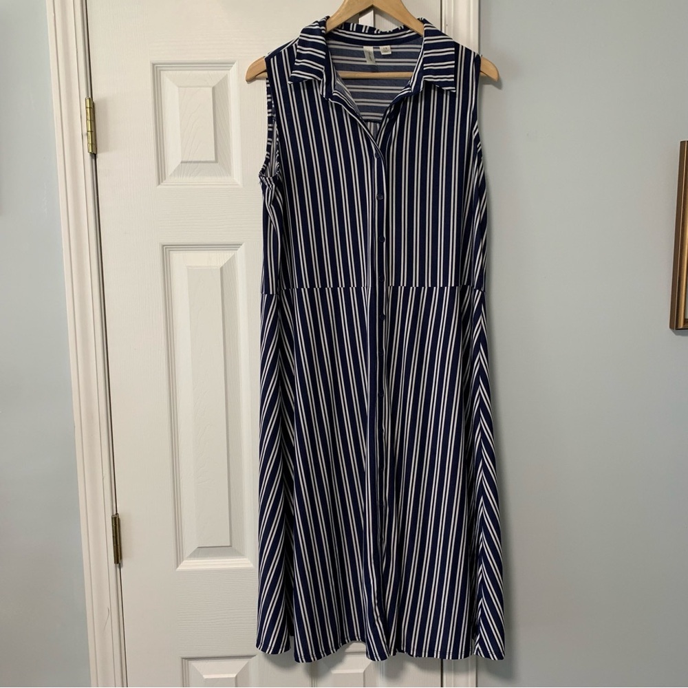 Tacera Blue and White Sleeveless Sundress with Notched Collar